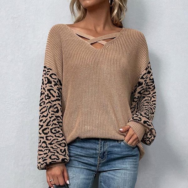 Suéteres femininos colisão cor leopardo camisola 2023 outono inverno cinta lanterna manga mulher cáqui azul roxo topos