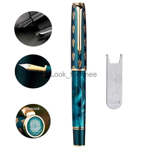 Canetas-tinteiro Hongdian N7 Resina Piston Fountain Pen Linda Verde / Cinza Pavão Totem Cap EF / F 0,4 / 0,5mm Escrita Suave Caneta de Tinta para Presente de Escritório HKD230904