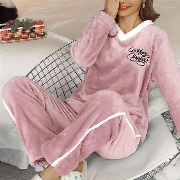 Indumenti da notte da donna Lady Flanella termica Abbigliamento per la casa Pigiama Set Inverno Donna Freddo Tenere al caldo con scollo a V Pigiama in pile di corallo di pigiama