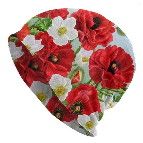 Береты Вязаная шапка для женщин и мужчин весна-зима эластичная цветочная кайма красные маки цветы и белые анемоны шапки оптом