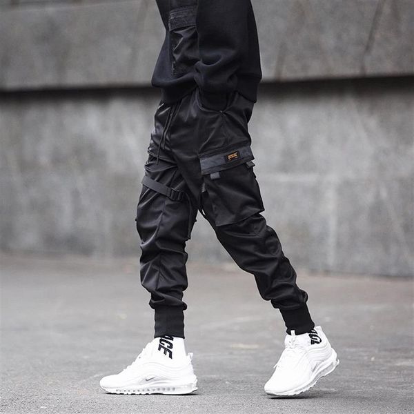 Qnpqyx novas calças da moda masculina fitas bloco de cor preto bolso carga calças harem joggers harajuku sweatpant hip hop calças220k