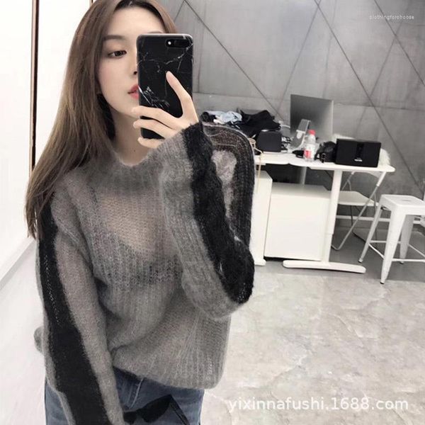 Damenpullover Mohair Rollkragenpullover gestreift Übergröße Langärmeliger Strickpullover Pullover Herbst Koreanisch Grau Transparent Harajuku Vintage