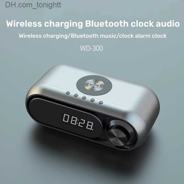 Alto-falantes portáteis sem fio Bluetooth Speaker Digital Clock Alarm FM Radio TF AUX Bass Enhance Sound Box com carregador sem fio Caixa de som para PC Q230904