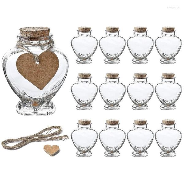 Bottiglie di stoccaggio 12 pezzi Barattoli di vetro piccoli a forma di cuore da 1,5 once con coperchi in sughero Etichetta tag Stringa Bomboniera luna di miele Desiderio
