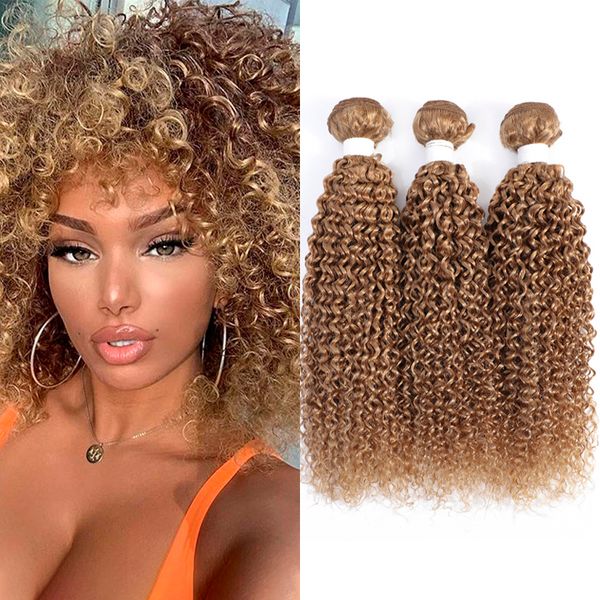 Perucas de renda mel loira kinky encaracolado cabelo humano pacotes soku tecer cabelo brasileiro 3/4 pçs pacotes negócio remy tecer cabelo humano 230901