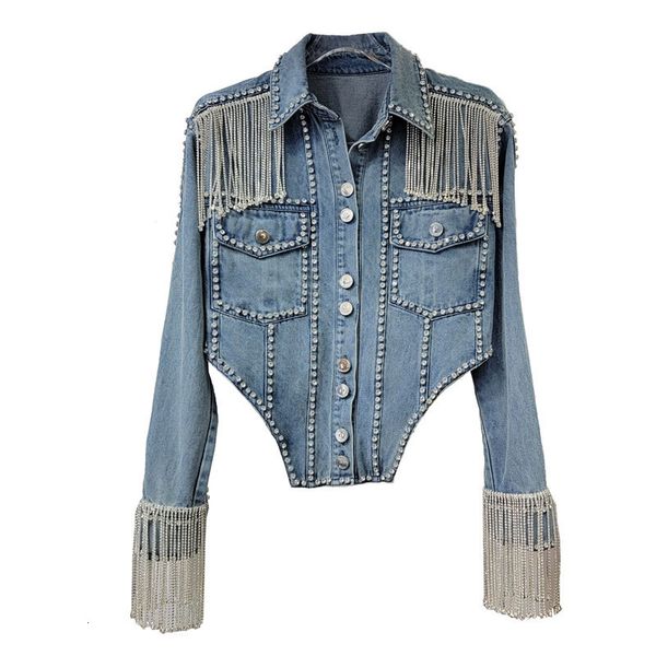 Jaquetas femininas Musim semi denim berlian rumbai rantai mantel jeans wanita imitasi paku keling jaqueta bomber kardigan kristal streetwear atasan 230904