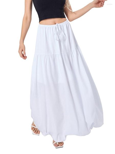 Röcke Wsevypo Fairycore Weiße Rüschen lang für Frauen E-Girl 2000er Jahre ästhetischer Kordelzug hohe Taille fließender Saum A-Linie