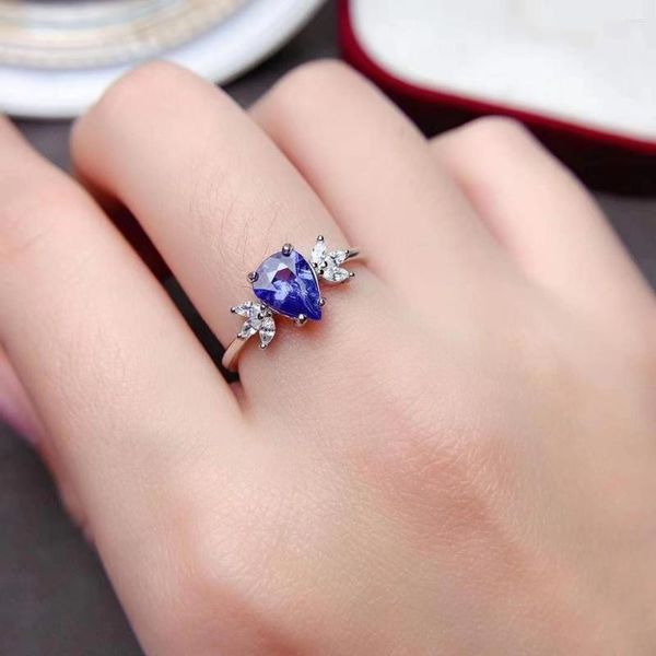 Anéis de cluster 6mm 8mm Pear Cut Natural Tanzanite Anel para Noivado 925 Jóias de Prata Brithday Presente Mulher