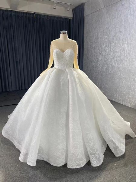 Luxuriöse Ballkleid-Brautkleider, weiße Spitze, langärmeliges Kleid, Brautkleider SM67293