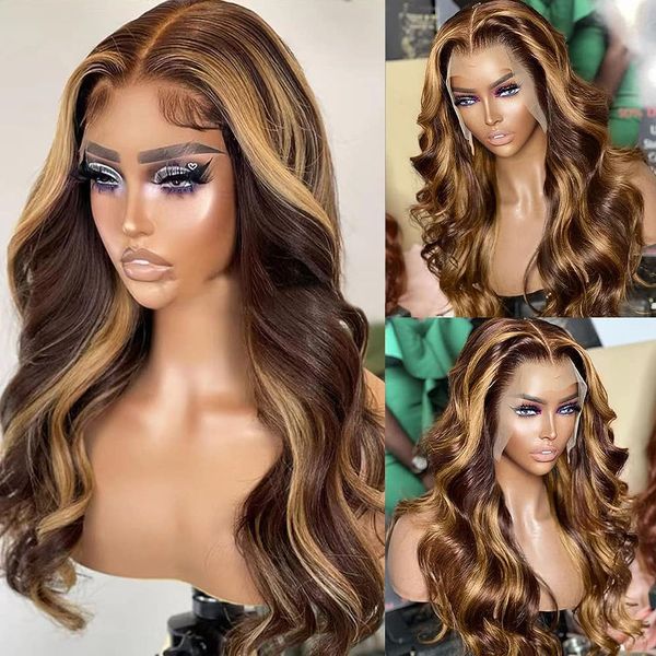 Highlight-Perücke, Echthaar, 101,6 cm, gewellt, Lace-Front-Perücke, Ombre-farbige Perücke, brasilianisches Braun, Honigblond, synthetische Perücken für Frauen