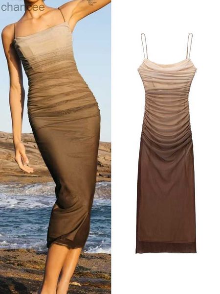 Vestidos casuais básicos traf praia estilo impressão vestido de tule para mulheres verão novo 2023 feminino pescoço reto alça fina plissada decoração sexy midi vestido lst230904