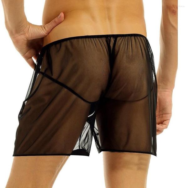 Cuecas gays moda malha boxer shorts soltos calcinha sheer nightwear troncos transparentes roupa interior masculina sexy lingerie elástica cinto de cintura