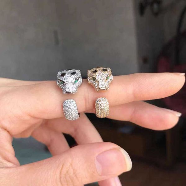 Tasarımcı Lüks Takı Kadınlar Ka Full Diamond Leopard Ring Kişilik Trendi Klasik Kafa Canlı Yayın Takı Logo ve Kutu