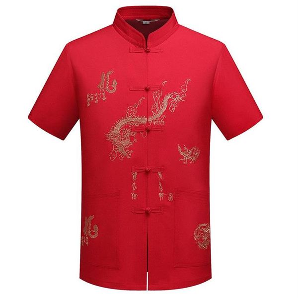 Herren lässige Hemden Chinesische traditionelle Tang Kleidung Top Mandarin Kragen Flügel Chun Kleidungsstück Kurzarm Stickerei Dragon SH268s