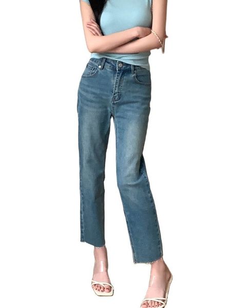 Jeans da donna Blu chiaro Donna dritta Y2K Moda coreana Tasca a vita alta Pantaloni strappati vintage Pantaloni in denim di cotone per ragazze Donna 230901