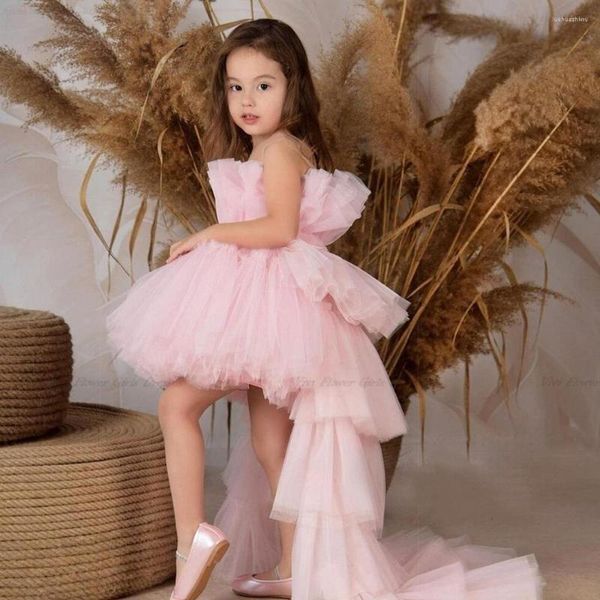Платья для девочек, пышное розовое платье с высоким и низким вырезом для девочек, многоуровневое платье из тюля с прозрачным вырезом и длинным шлейфом для дня рождения, рождественское платье Pography 2023