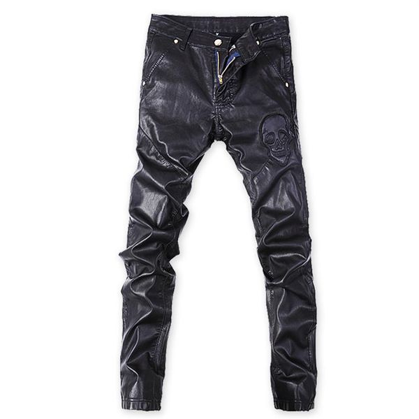 Herbst und Winter neue trendige schwarze Lederhose mit Totenkopf-Aufdruck, schlanke koreanische Version der winddichten Motorrad-Fußhose für Herren220z