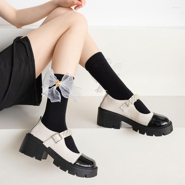 Damensocken, 1 Paar, Lolita-Schleife, magisches Pentagramm, Erdbeere, mittlere Röhre, weiß, Harajuku, japanischer JK-Adrette, süßer Cosplay