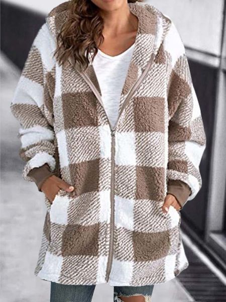 Frauen Pelz Faux Herbst Winter Plaid Mantel Frauen Teddy Mit Kapuze Jacken Weibliche Pelzigen Bär Plüsch Jacke 230904