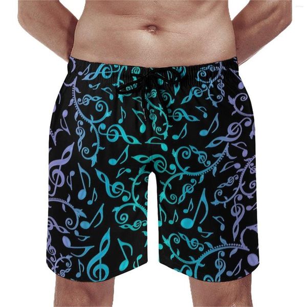 Shorts masculinos gradiente música notas placa confortável masculino praia calças azul verde roxo trenky troncos de natação oversize