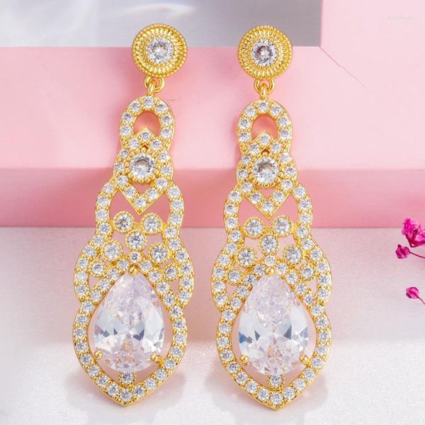 Orecchini pendenti QooLady Dubai Colore oro Top Quality Cubic Zirconia Grande lacrima Pietra lunga per le donne Gioielli per feste E102