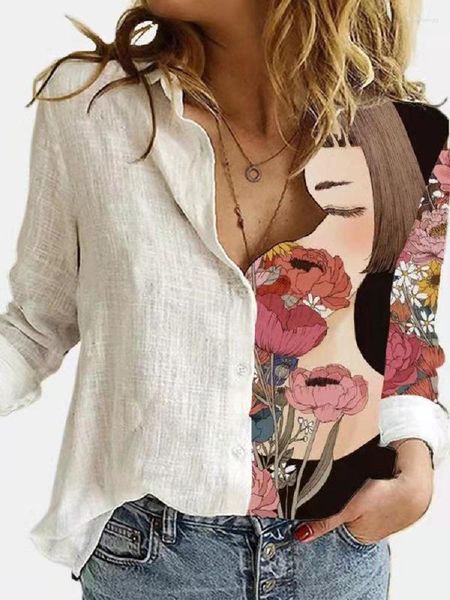 Blusas femininas outono topo 2023 moda solta dos desenhos animados impressão digital camisa de manga longa senhoras blusa lapela topos blusa mujer