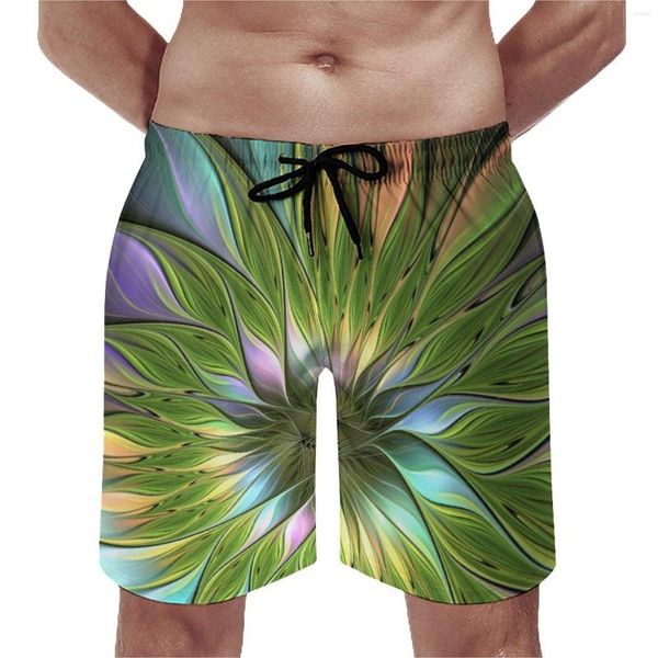 Shorts masculinos luminosos fantasia flor placa abstrato floral impressão clássico praia calças curtas homens esportes fitness troncos secos rápidos