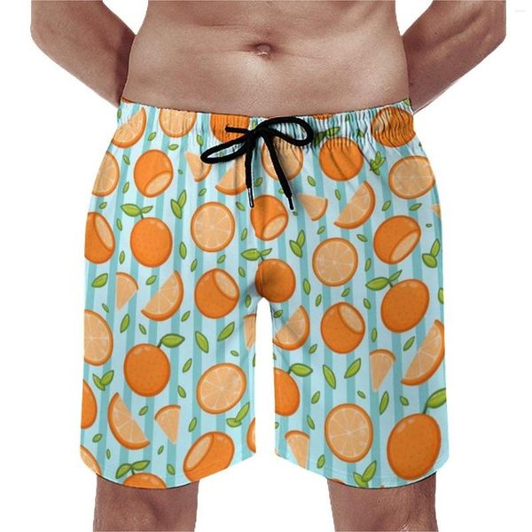 Calções masculinos laranja laranja placa verão dos desenhos animados frutas impressão surf calças curtas secagem rápida design retro troncos de natação oversize