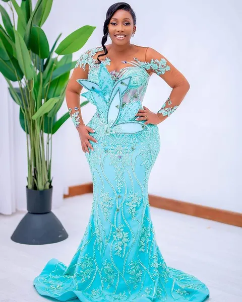 Aso Ebi 2023 Árabe Céu Azul Sereia Vestido de Baile Renda Frisada Cristais Noite Festa Formal Segunda Recepção Vestidos de Noivado de Aniversário Vestidos Robe de Soiree SH0154