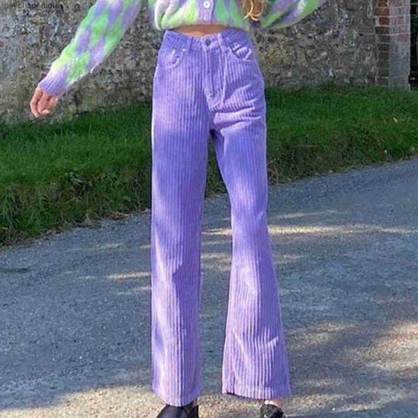 Женские джинсы Джинсовые брюки в стиле Hyuna Женские фиолетовые повседневные брюки-трубы Американские уличные вельветовые расклешенные брюки Старые винтажные брюки Широкие брюки Q230904