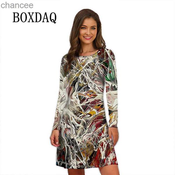 Vestidos casuais básicos vestidos de pintura a óleo feminino 2023 vintage arte abstrata impressão manga longa vestido solto outono inverno casual rua vestido de grandes dimensões lst230904