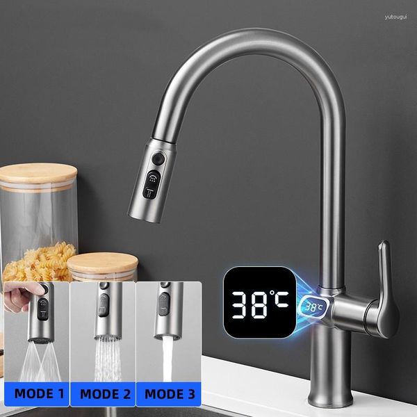 Rubinetti della cucina Display digitale della temperatura Rubinetto estraibile Miscelatore con rotazione del lavello monocomando Spruzzatore e rubinetti dell'acqua fredda