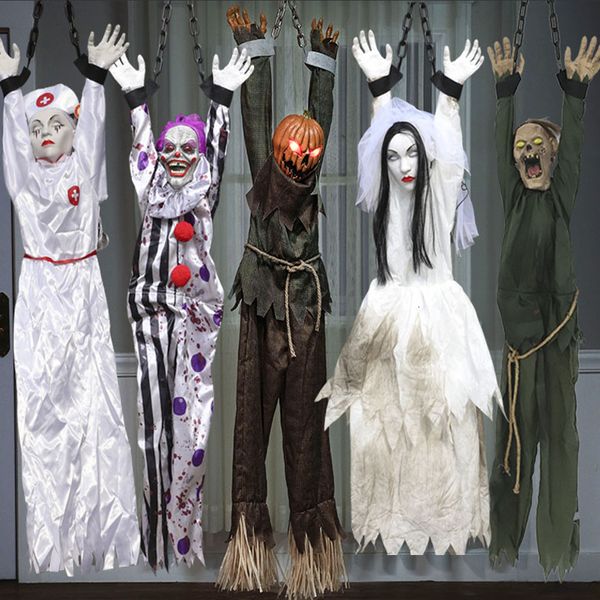 Outros suprimentos de festa de evento Decoração de Halloween estilo brinquedos elétricos cabide palhaço enfermeira bruxa controle de voz horror adereços 230904