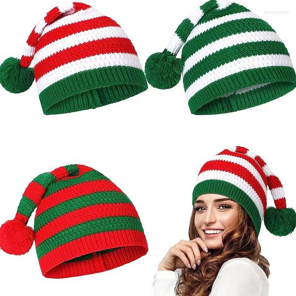 Береты, Рождественская полосатая вязаная шапка для взрослых, Санта-красная, зеленая вязаная шапка, веселый подарок, товары для годовой вечеринки, Декор