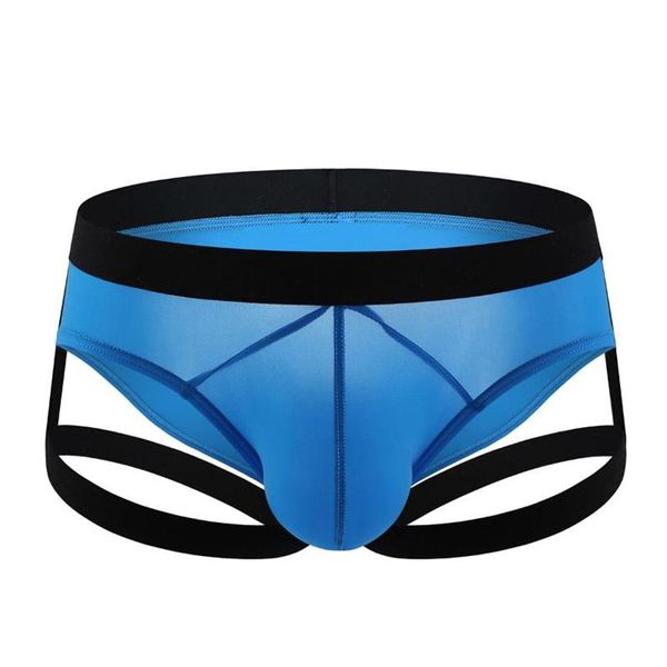 Cuecas sexy masculinas de seda gelo cueca bulge pênis bolsa calcinha perna anel cintas com cinto de arnês lingerie masculina hombre236s