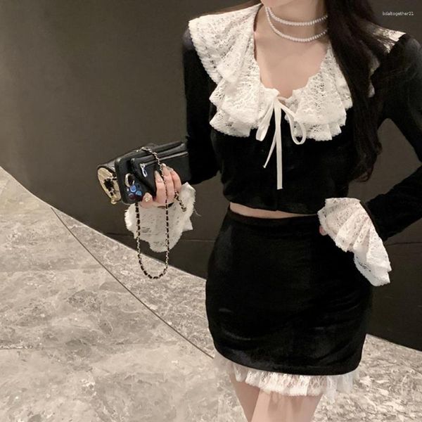 Arbeit Kleider Herbst Frühling Retro Rock Sets Zwei Stück Anzug Frauen Süße Spitze Samt Tops Schwarz Gothic Mini Femme Koreanische mode Set 2023