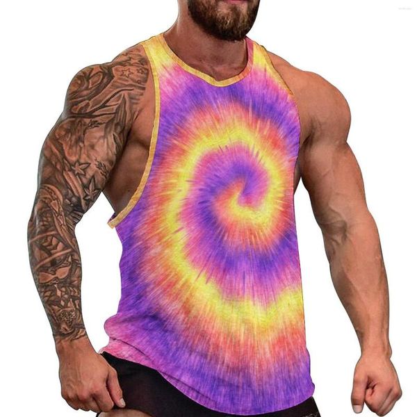 Regatas masculinas tie dye redemoinho topo masculino retro rosa lilás amarelo vintage verão treinamento design sem mangas camisas tamanho grande