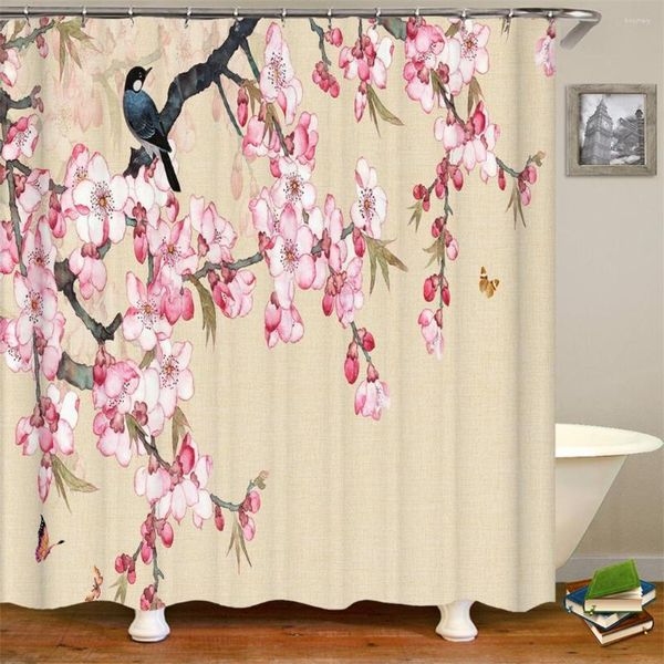 Tenda Fiori Uccelli Stile cinese Fiore di prugna Tende da doccia impermeabili Plastica trasparente per set da bagno Ganci in tessuto Anelli