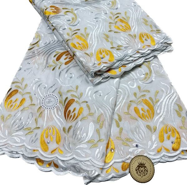 Schweizer Baumwollspitze, weißer Hochzeitskleid-Stoff für Damen, zum Nähen, Party-Damenkleidung, 2023, hochwertig, 5 Yards, Textil-Strasssteine, nigerianisches Damen-Bankett, YQ-8232