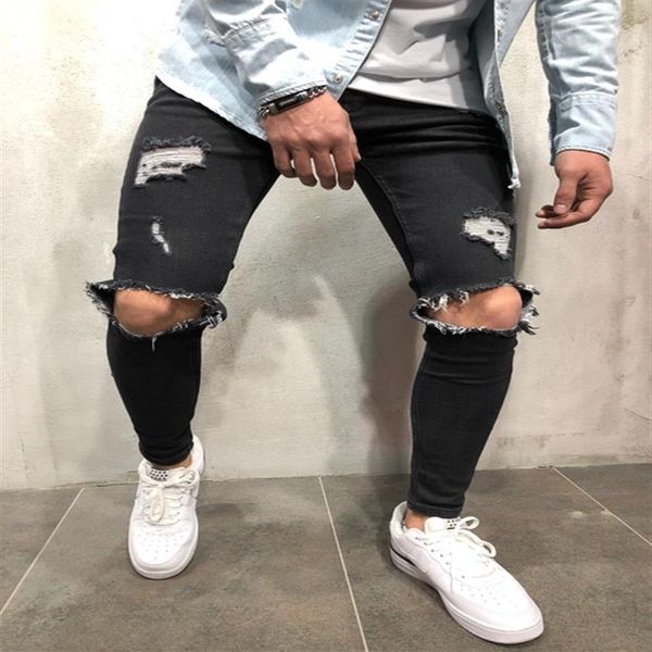 Moda masculina rasgado buracos jeans em linha reta magro elástico denim caber jean preto magro jeans masculino calças compridas calças de brim 345y