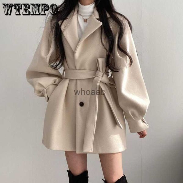 Misturas de lã feminina de comprimento médio casaco blazer gola de lã casaco feminino com cinto jaqueta de inverno nicho vintage solto moda sobretudo sólido trench coats HKD230904