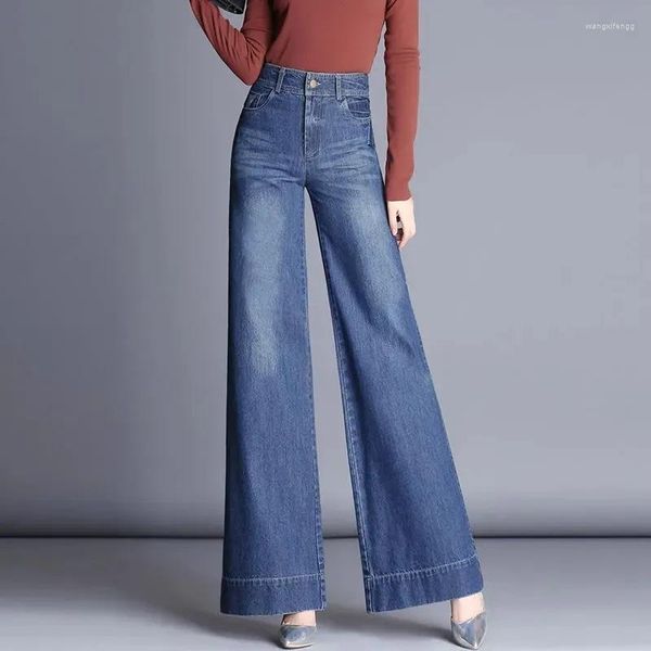 Calças de brim femininas coreano primavera outono moda perna larga mulheres cintura alta calças jeans design elegante calças largas mãe reta