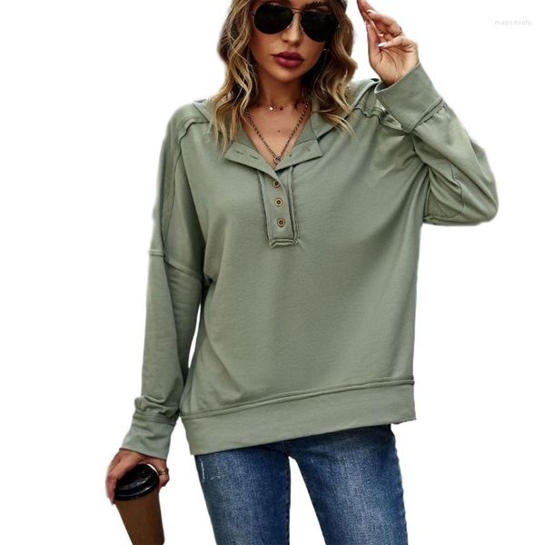 Felpe con cappuccio da donna Donna Autunno Casual Manica lunga Abbottonatura Felpa con scollo a V Tinta unita Tinta unita Loose Fit Pullover Felpa con cappuccio Tunica Top MXMA