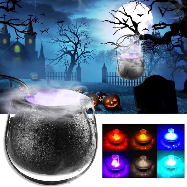 Objetos decorativos Figurinhas Halloween Witch Pot Smoke Machine Fog Maker Fonte de água Fogger Color Changing Party Prop Decoração 230901