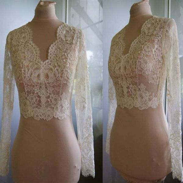 Alta qualità maniche lunghe da sposa Bolero Giacca in pizzo avorio scollo a V Custom Made Sheer Wedding Wraps Coprispalle Bottoni Indietro Stola da sposa184E