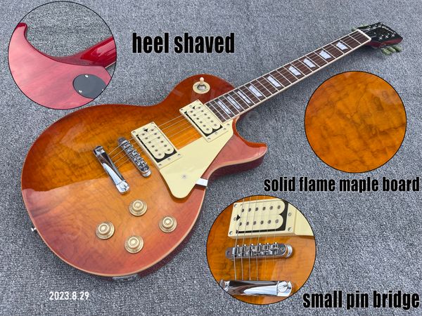 E-Gitarre, massives Flame-Ahornbrett, Honey Burst HH-Tonabnehmer, kleiner Stiftsteg, Knochensattel, Absatz, rasierte Chromteile