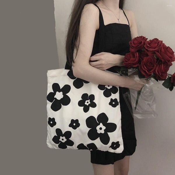 Borse da sera Borsa in tela Modello di fiori in bianco e nero Borsa a tracolla versatile alla moda di grande capacità per le donne Shopping Tote