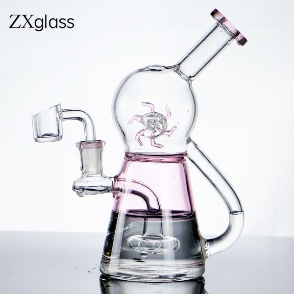 Стеклянная милая розовая ветряная мельница Dab Rig Tornado Recycler Кальян Бонг Толстая стеклянная водопроводная труба Пьянящие нефтяные вышки для курения с 14-миллиметровым шарниром Кварцевый гвоздодер