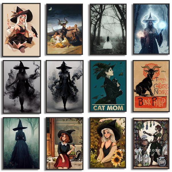 Gemälde im Vintage-Stil, surreale Hexe, schwarze Katze, Halloween, Leinwand, Hexensabbat, Poster und Drucke, Wandkunst, Bilder, Raumdekoration, 230901