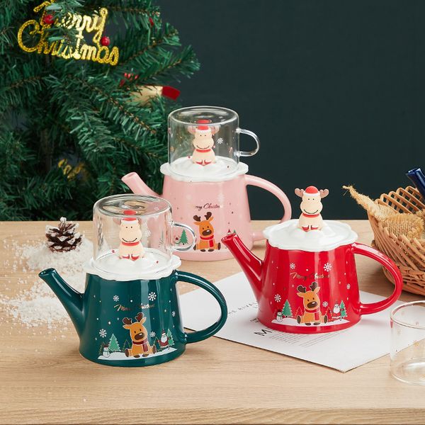 Чайные чашки, рождественский чайный сервиз с лосем, европейский стиль, домашняя кухня, милый мультяшный керамический чайник, подарочный цветок 230901
